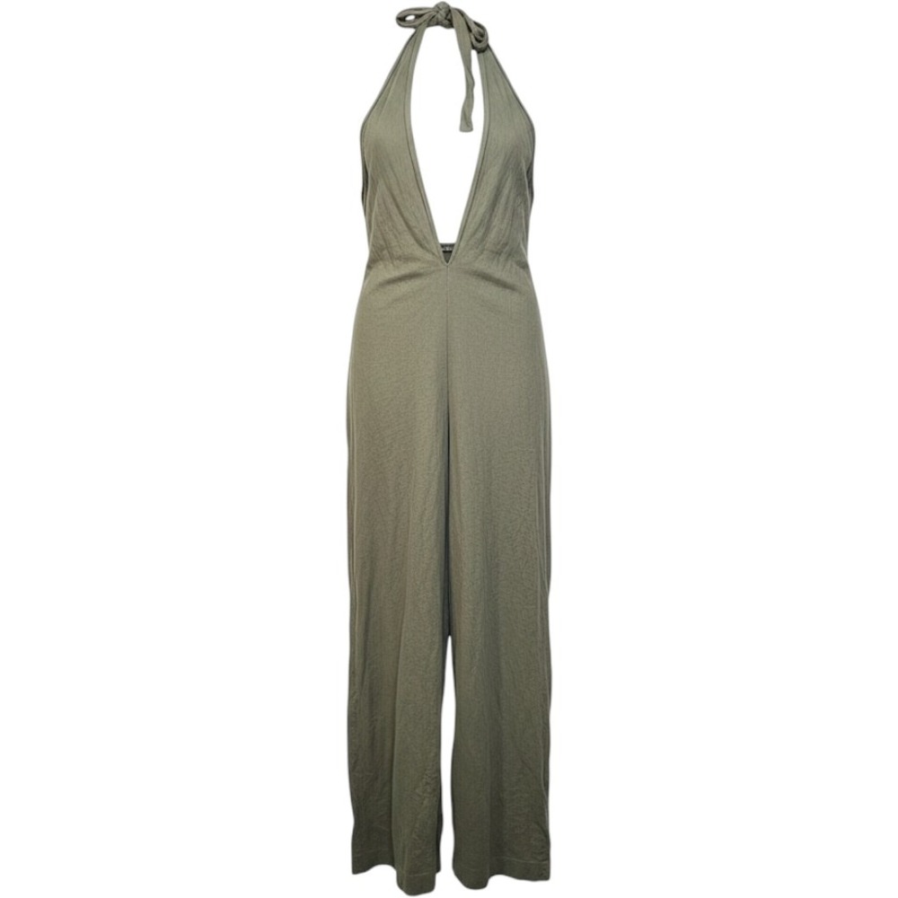 Zara Womens Jumpsuit Halter Neck 100% Linen Medium Olive Green Wide Leg Romper